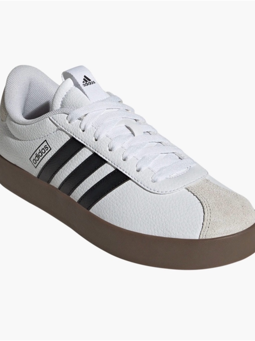 adidas White Sneakers with Black Stripes and Brown Sole